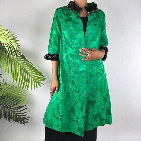Women's Vintage 50's Emerald Floral Classy Beaded Fux Fur Satin Long Coat / S/M - Picture 5 of 5